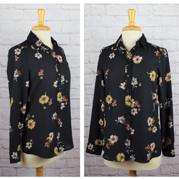 Who What Wear Black Floral Button-Down Top Blouse - Picture 2 of 11